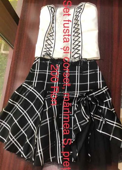 Compleu  satinat 3 piese, fusta, top satinat stil corset si esarfa