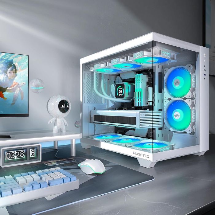 Carcasa PC Gaming MUSETEX Y6 alba, ATX, sticla 270°, 6 ventilatoare ARGB