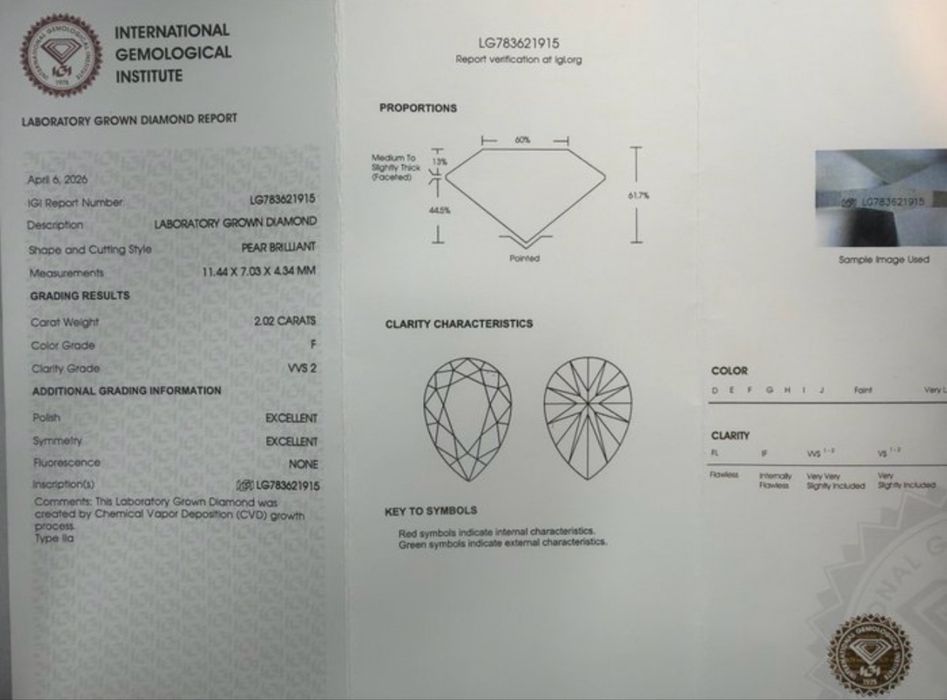 Pandantiv aur alb de 14K, diamant 2,02 ct (formă pară), certificat IGI,  culoare F și claritate VVS2