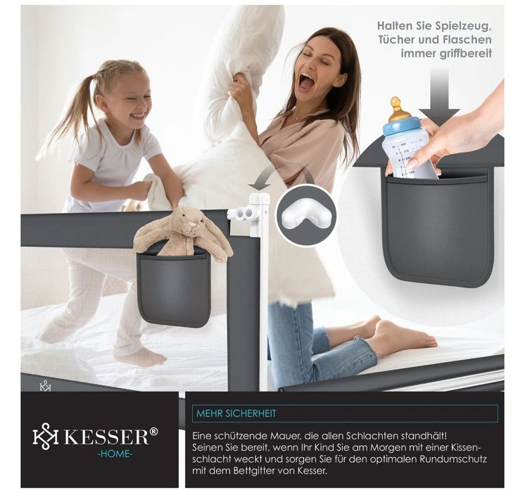 Защитна ограда за детско легло, размери 200 см x 44 см x 72-96 см