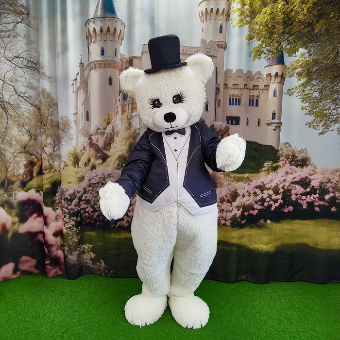 Costum mascota urs alb Teddy Bear luxury fur elegant pentru evenimente