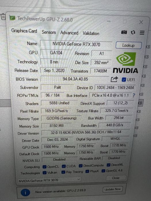RTX 3070 Palit Gaming Pro 8gb