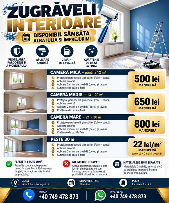 „Zugrăveli interioare sâmbăta – de la 500 lei | Alba Iulia”