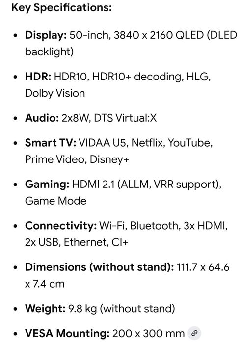 Vând smart tv Hisense QLED model 50E7HQ de 50 inch - 125 cm