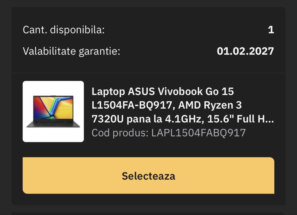 Vând laptop ASUS Vivobook Go 15