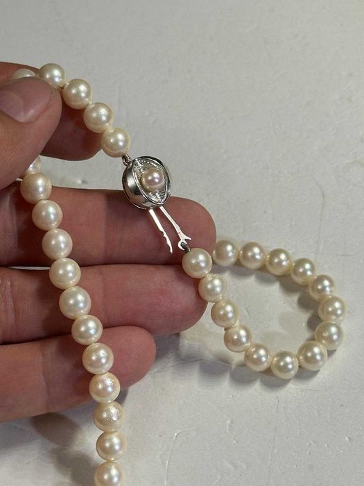 COLIER PERLE Naturale Rotunde +Inchizatoare AUR Alb 18k -2.5g -Vintage