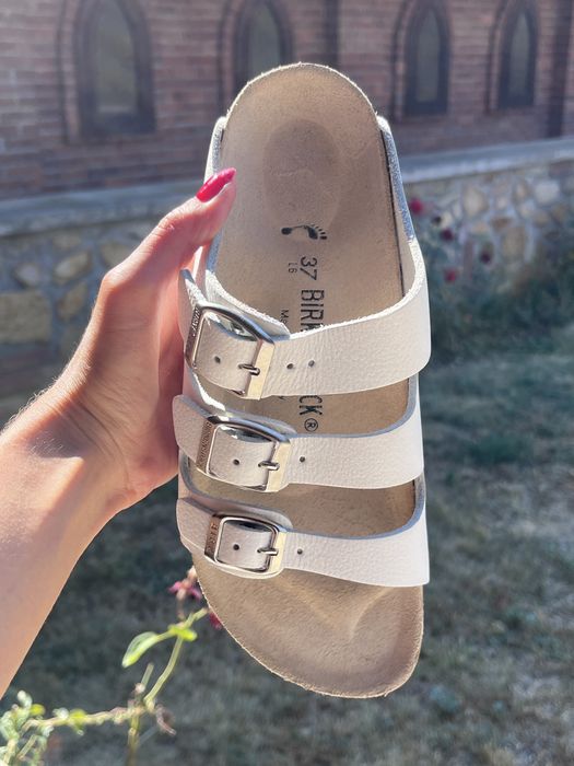 Sandale Brikenstock, 100% piele, albe, 3 bretele