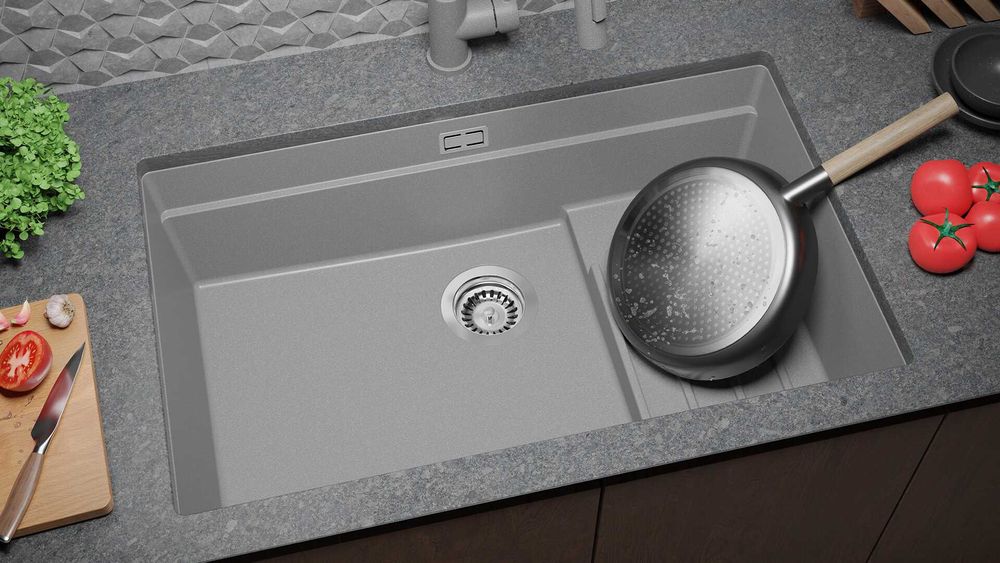 Сива гранитна мивка за монтаж под плот Прага 80 Step Level 560 x 470