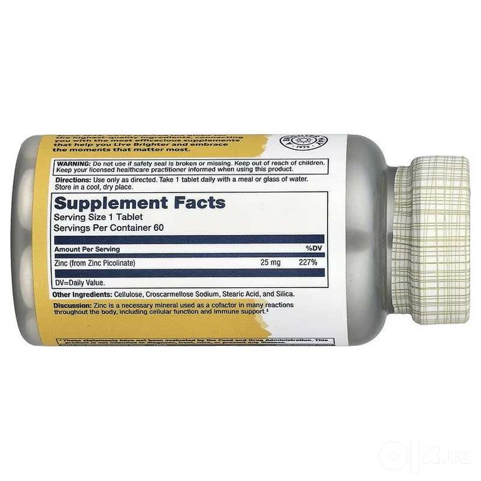 Solaray Zinc Picolinate пиколинат цинка, 25 мг, 60 таблеток