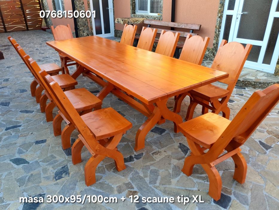 Set  Masa cu 12  scaune. Masa cu scaune rustice.  Masa 3m  cu 12 scaun