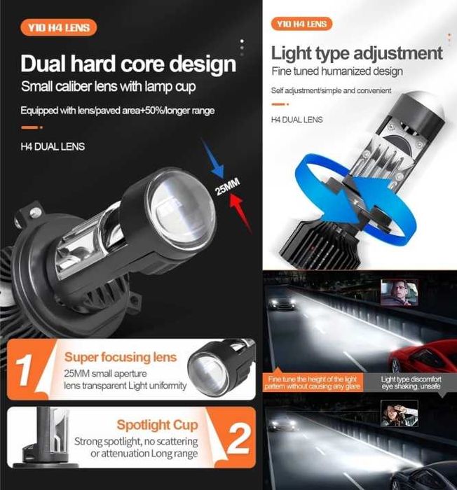 LED крушки H4 Y10 с лупа – 200W, 26400LM, 6000K, 360°, Canbus, 12V
