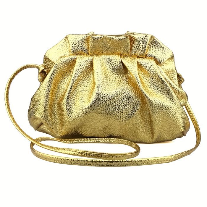 Чисто нова елегантна, металическа, златна (златиста) клъч чанта с дръжка, която се прибира