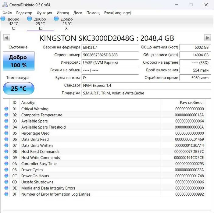 NVME M.2 SSD 2TB Kingston KC3000 PCIe 4.0, Endurance - 1600TBW