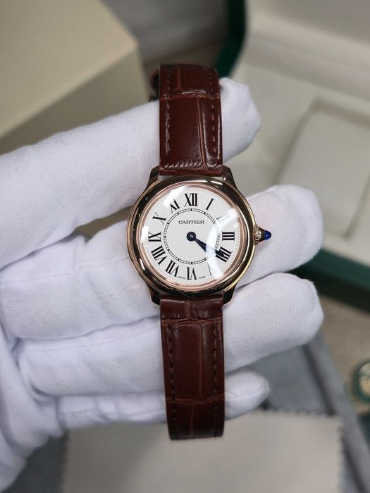 Cartier Ronde Louis Cartier Rose Gold Silver Roman Dial Brown Leather 29mm