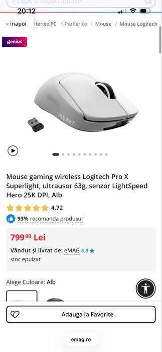 Mouse gaming wireless Logitech Pro X, senzor LightSpeed, ultrausor