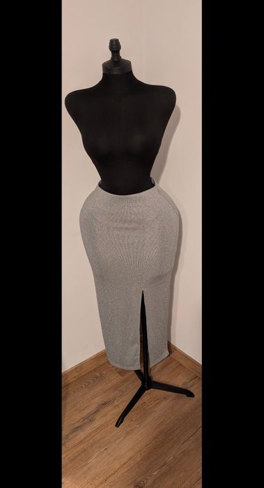 Fustă midi glitter argintiu | Elegantă | Slit frontal | Party