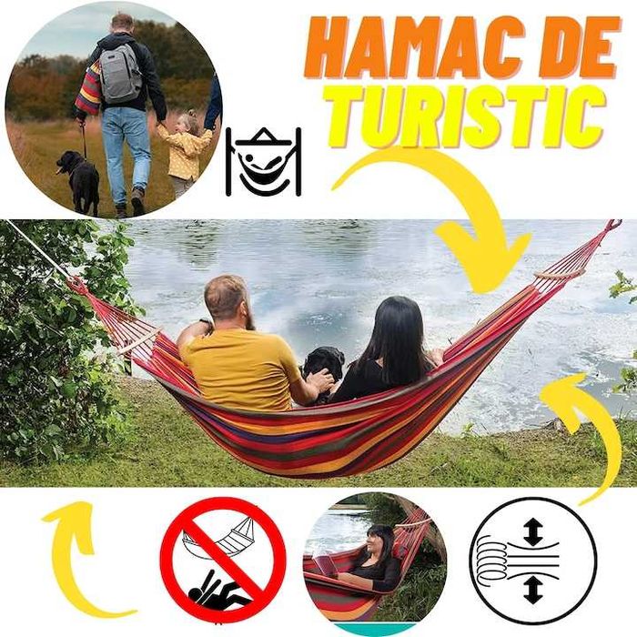 Hamac dublu 200 x 150 cm, capacitate maxima 200 kg,  material textil bumbac sac-fata perna. Pret 50 lei.