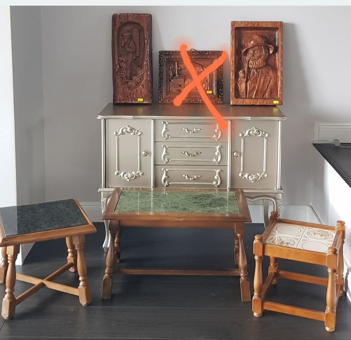 Măsuță/tablou vechi din lemn și marmură
