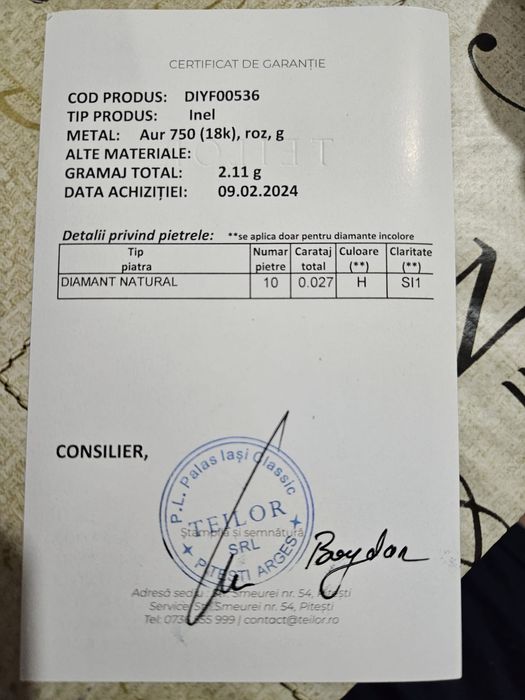 Inel aur Teilor 750 (18k) roz .Diamant natural (10 pietre)