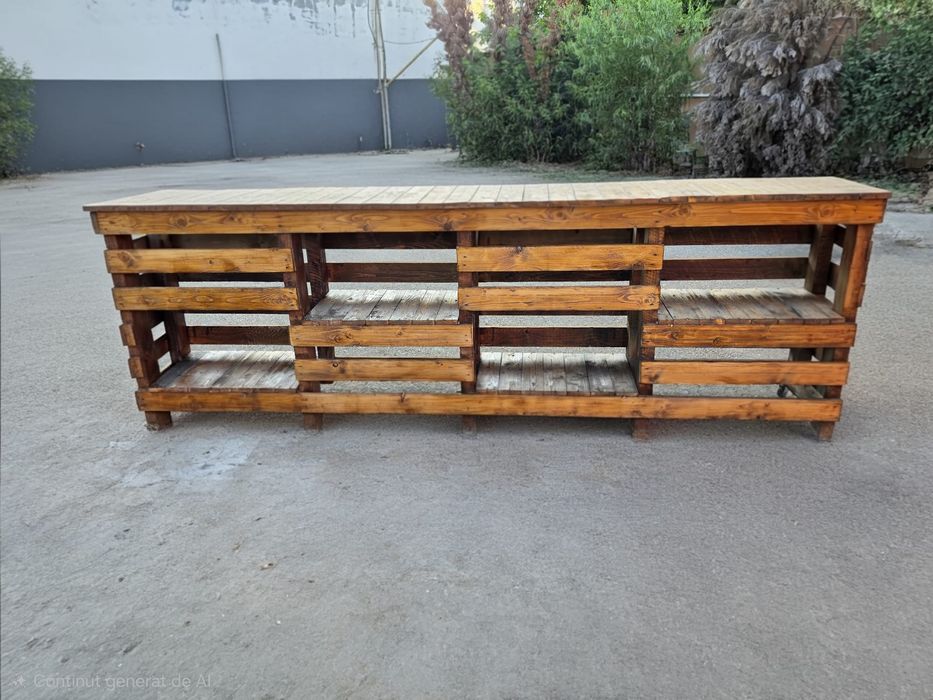 Bar mobil rustic din lemn, 3 m, iluminare LED și roți