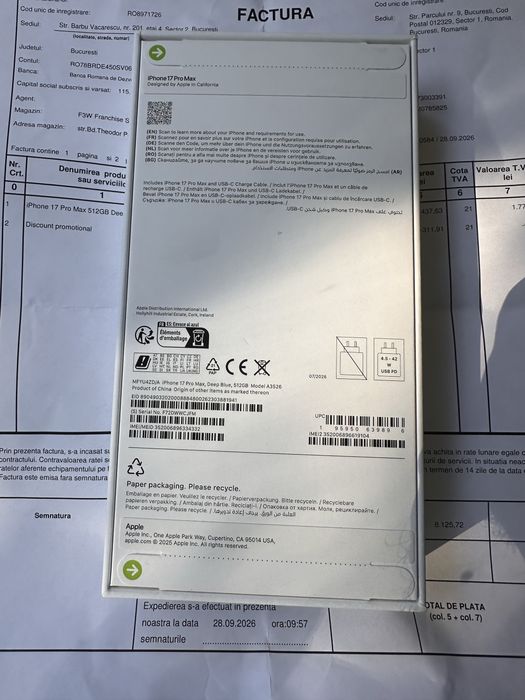 iPhone 17 Pro Max 512GB Deep Blue Sigilat Factura Garantie Necodat Nou