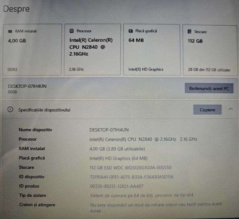 Laptop Lenovo, 4GB RAM, SSD 128 GB, cu licenta windows 10 PRO