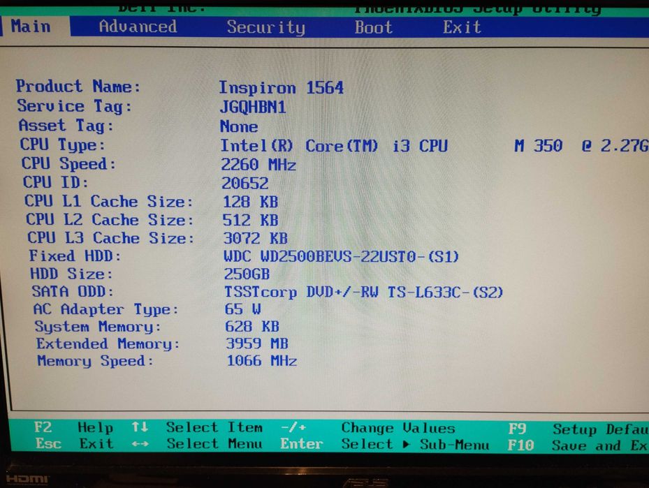 Лаптоп DELL, 4 GB DDR3, i3-350M, 250 GB, спукан дисплей, легален Win10