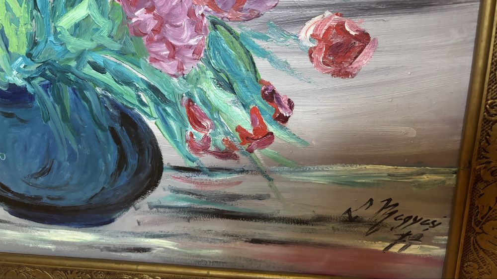 Tablou Megessy- vas cu flori, tehnica cuțitului