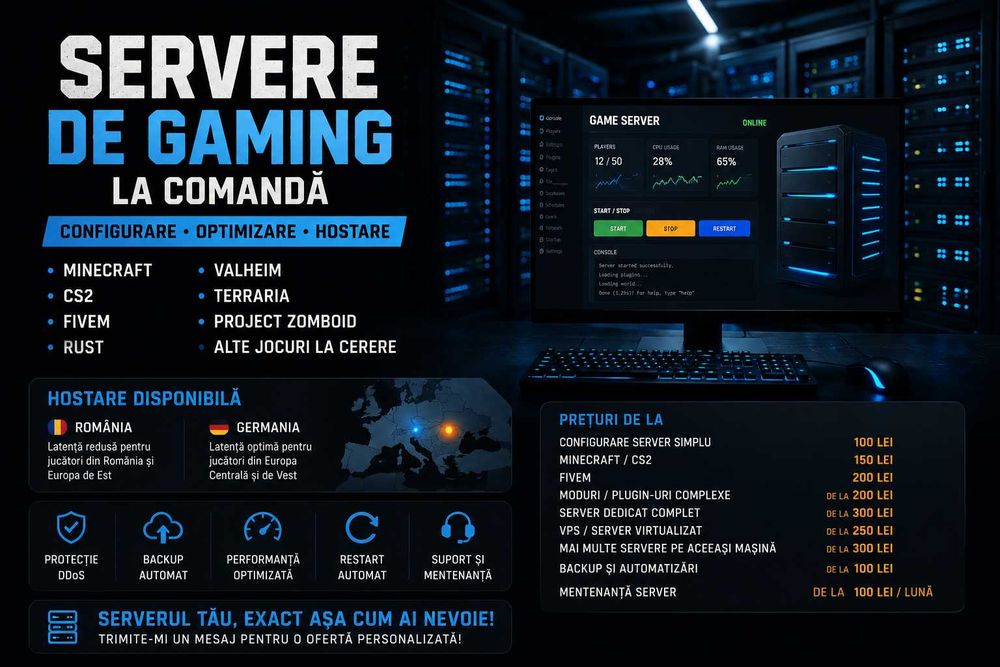 Servere de gaming la comandă – Minecraft, CS2, FiveM, Rust și altele
