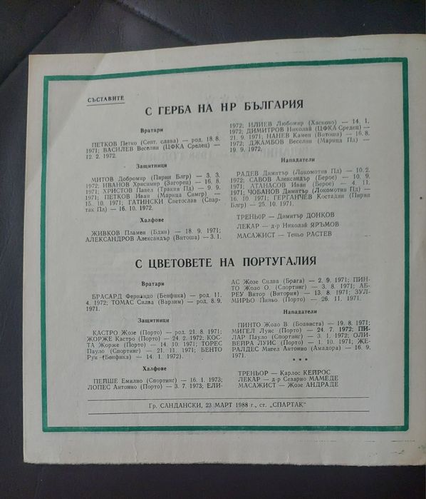 Футболна програма България Португалия 1988г