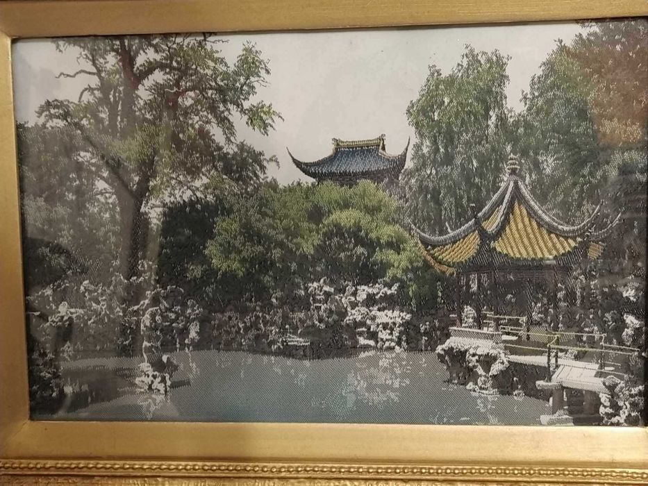 Винтидж машинен гоблен Хангжу, картина пейзаж, тъкана върху коприна