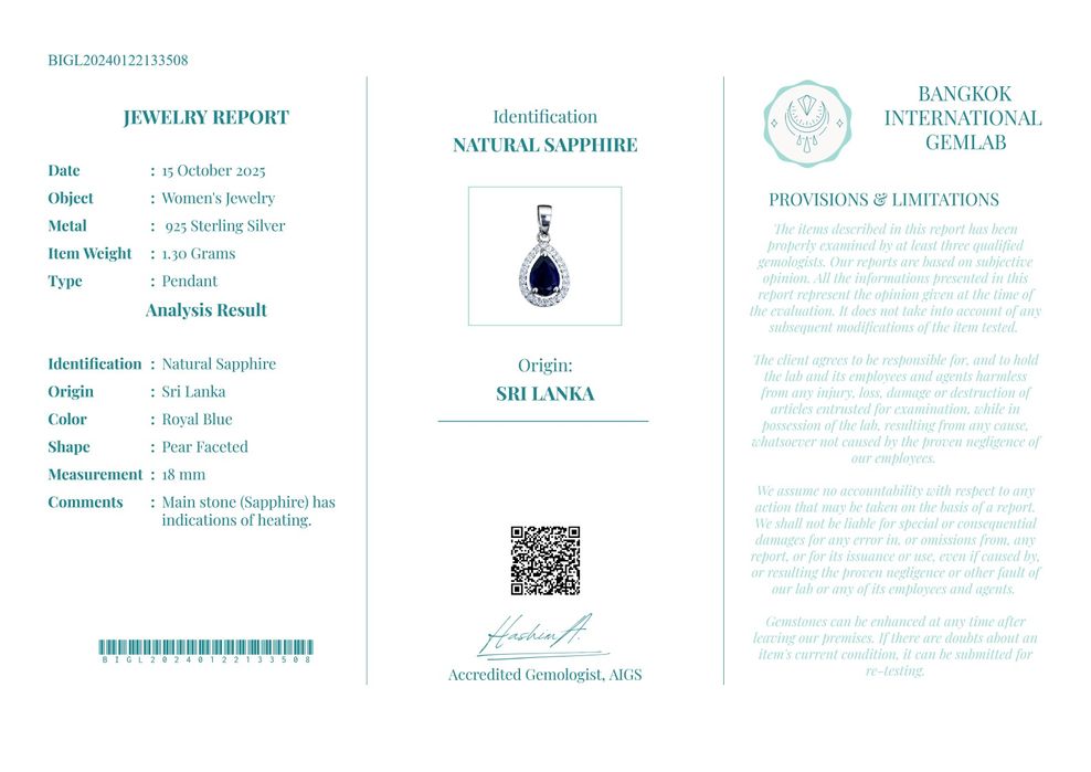 Сребърна висулка с натурален Сапфир Royal Blue със сертификат