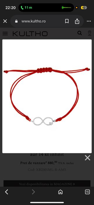 Bratara snur rosu cu aur alb si diamante