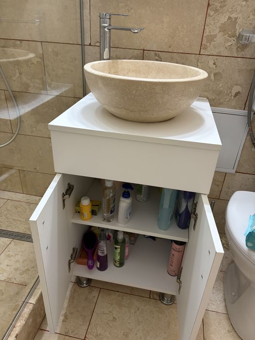 Set Complet Mobilier Baie: Mască Albă + Lavoar Tip Bol Piatră + Baterie Înaltă
