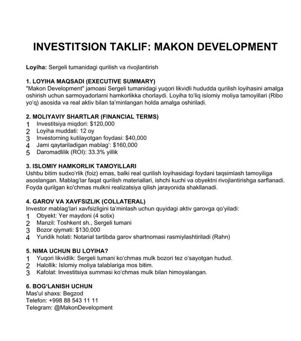 Investor kerak! Qurilish kompaniyasiga! Zalog bor!!!