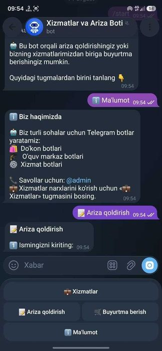 Biznes va do'konlar uchun Telegram bot yaratish (Ariza va Buyurtma)