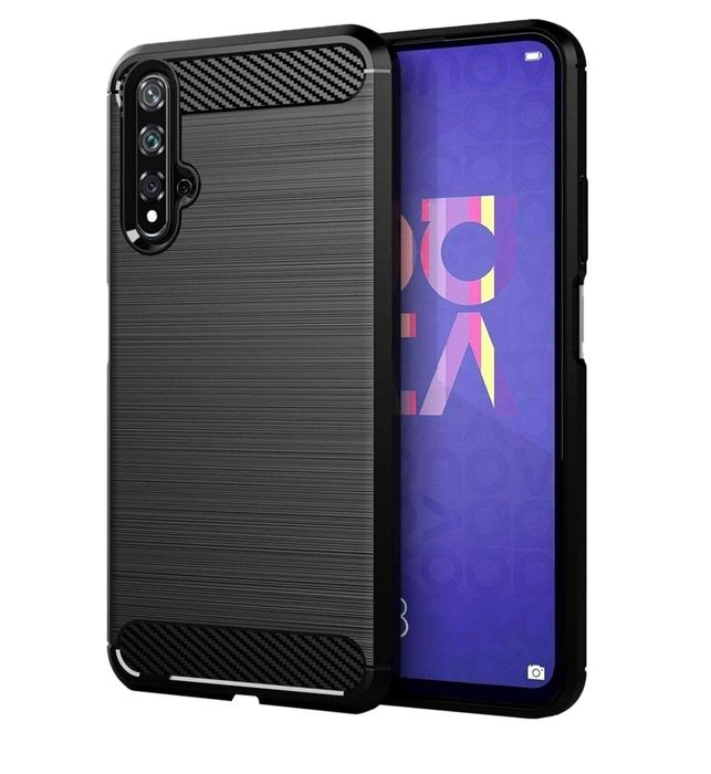 Husa Huawei Nova 5T plastic negru cu tematica brushed metal carbon fib
