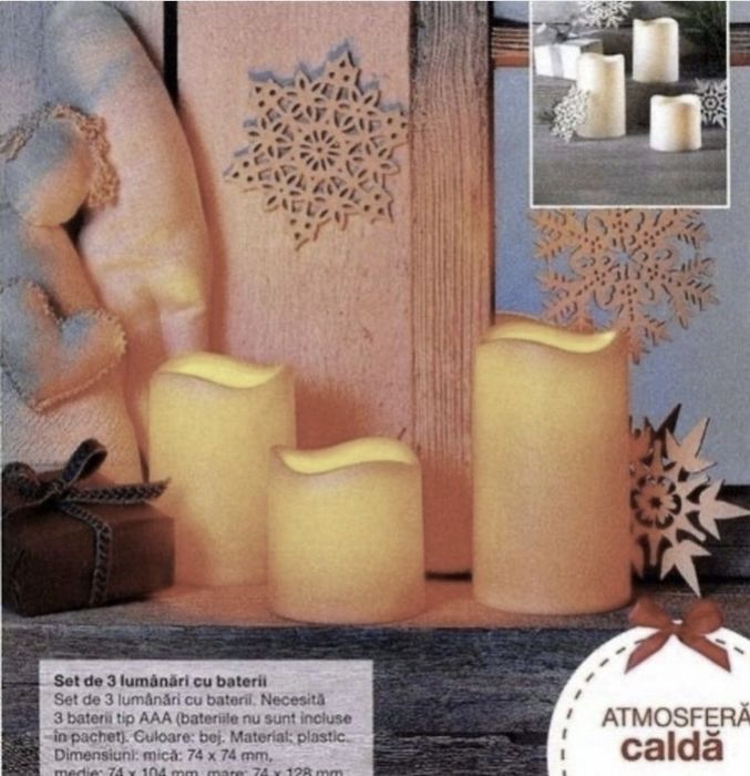 Set de 3 lumanari cu baterii cu fundite festive detasabile