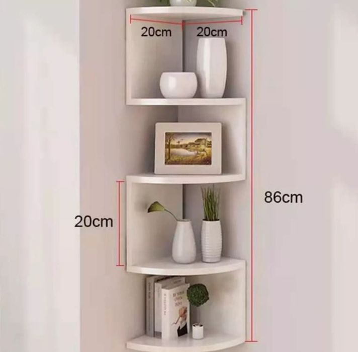 Ъглова стенна етажерка, бял цвят, 5 рафта