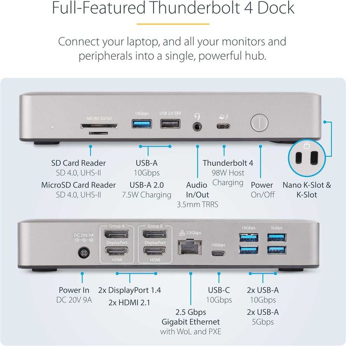 StarTech.com Thunderbolt 4 Мултидисплейна докинг станция,2x HDMI/2x DP