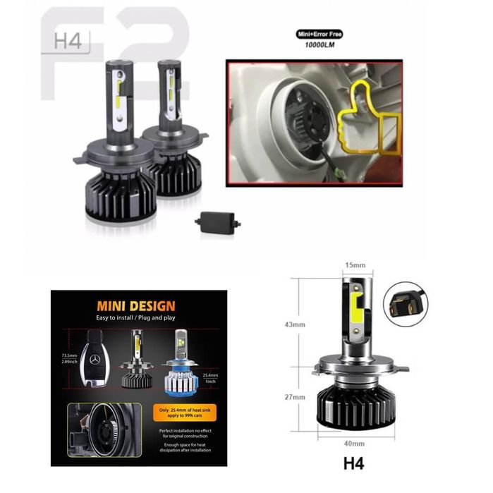 Комплект мини led диодни крушки h4 12v 24v 72w 10000lm canbus