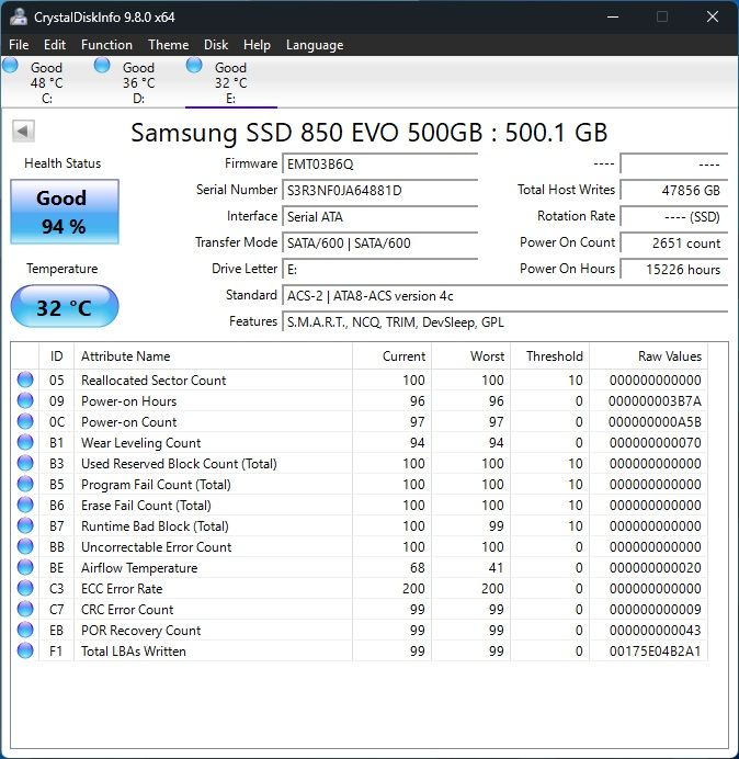 SSD Samsung 850 EVO 500GB SATA 3 - Sănătate 94%