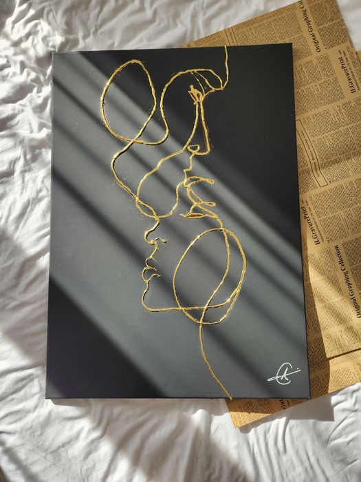 Tablou minimalistic dintr o singura linie aurie/alba