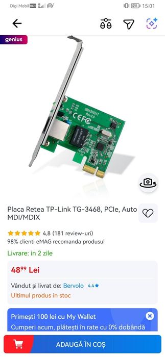 Vând placă de rețea gigabit TP-Link