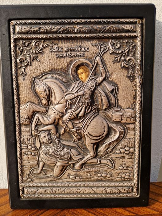 Прекрасна английска сребърна икона Свети Димитър