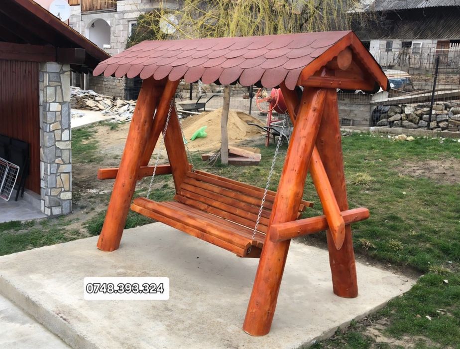 Balansoar  lemn masiv cu 2 leagăne,  set masa cu băncuțe  rustice