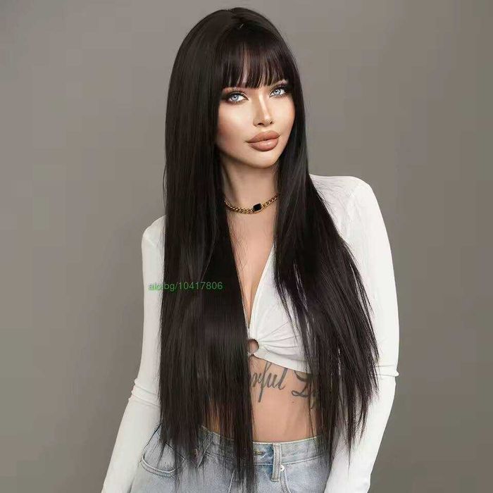 Дълга 80 см тъмно кафява права перука на пластове зигзаг път