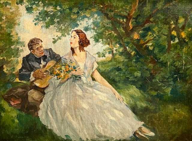 Tablou VECHI de Școală maghiară ”IDILĂ”  ulei/panza/c 80x60cm+R