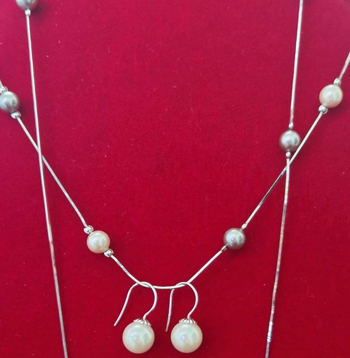 AG193,set argint 925,nou/marcat, colier 70 cm si cercei perla 13,7 gr