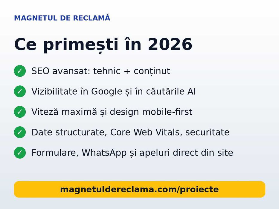 Creare site-uri cu SEO avansat 2026 – apari pe Google și în AI
